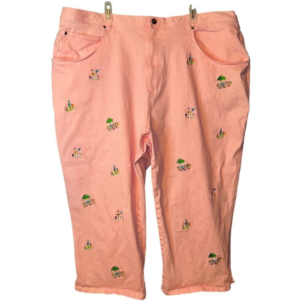 Quacker Factory Capri Pants Size 3XL Womens Pink Embroidered Cottagecore Kitschy